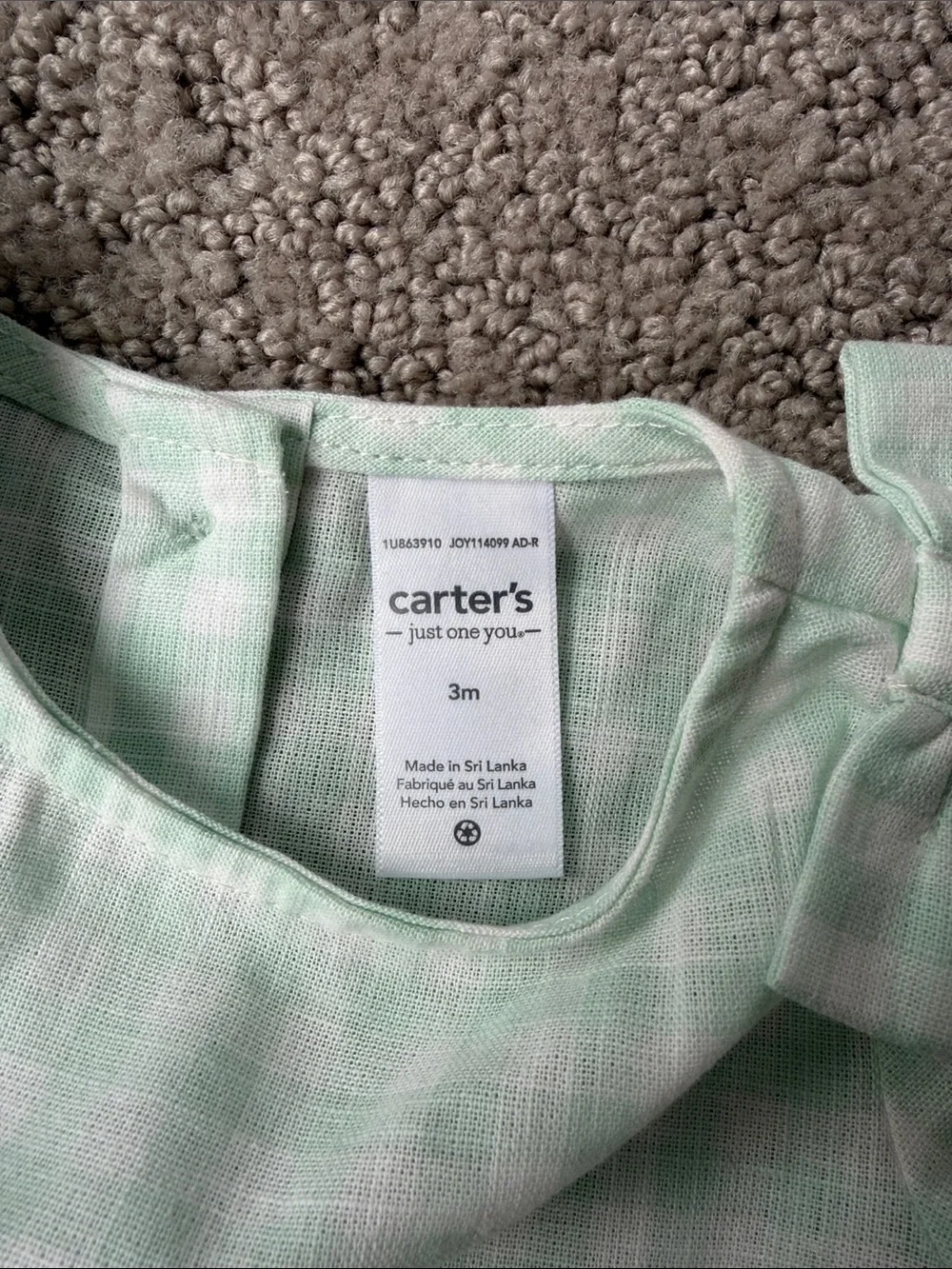 Carter's Just One You Baby Girls' Gingham Dress Green Plaid Size 3M NWT